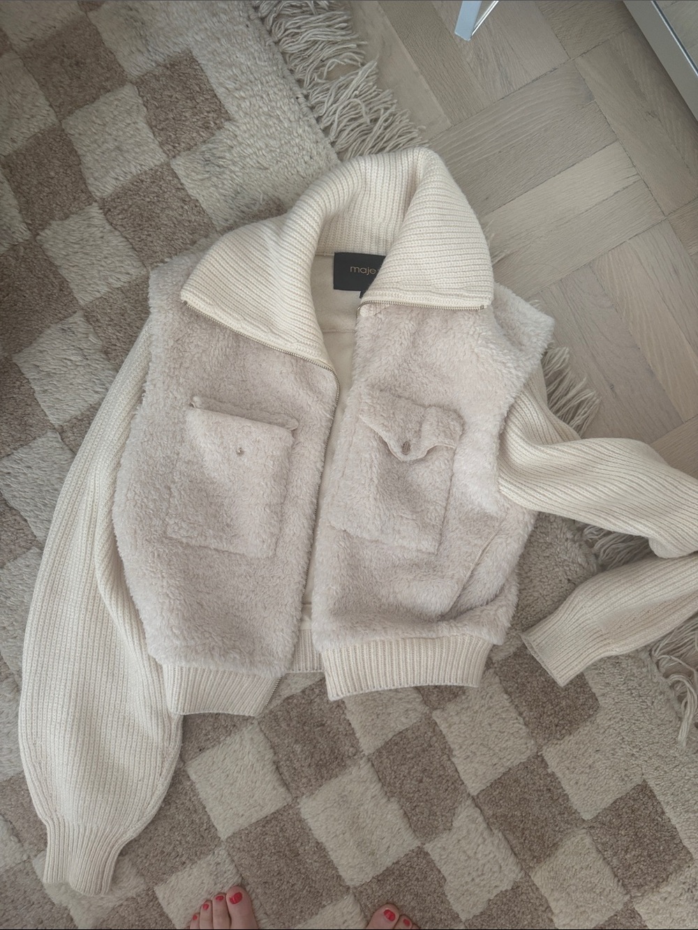 Maje Ivory Sherpa and Knit Zip Jacket